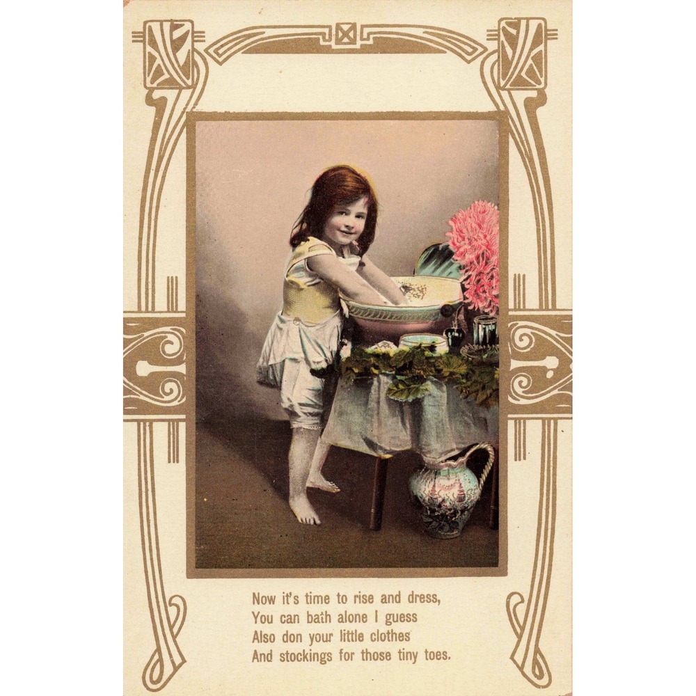 Antique Postcard E.L. Emaille Serie 3037 Girl Washing Nursery Rhyme Germany VG - Picture 1 of 2